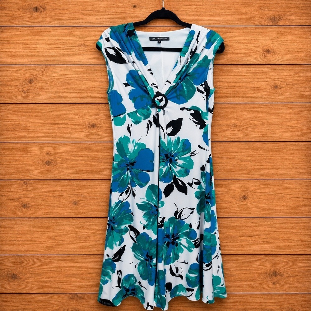 Y2K Jones Wear Dress Women 12 Floral Midi V-Neck Ring Detail Retro 90s Y2K Blue